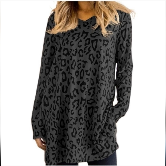 Maysoar tunic top With Pockets Leopard Print Long Sleeve V Neck Large NWT - Picture 3 of 11